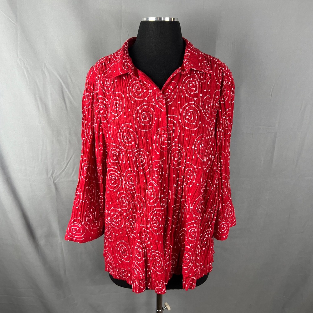 Christopher & Banks Shirt Womens 1X Red Swirl Embroidered Crinkle Button Front